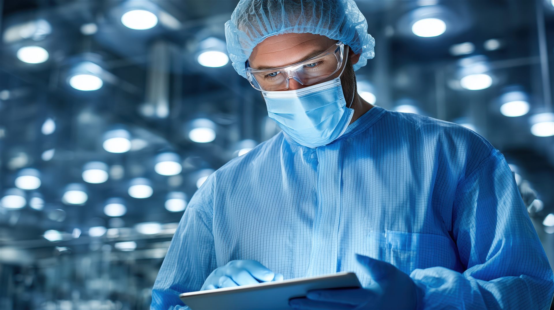 TecHouse engineer reviewing industrial automation solutions in clean room manufacturing facility